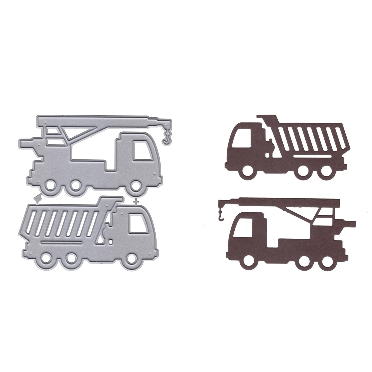 Die Stanzschablone Laster und Kran von Stanzenshop.de enthält Metallstanzen für einen Kipplaster und einen Kranwagen, perfekt für Scrapbooking- oder Kartenbastelprojekte. Inklusive brauner Papierausschnitte für kreative Bastelarbeiten.