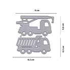 Die Stanzschablone Laster und Kran von Stanzenshop.de enthält zwei Metallic-Stanzteile - einen Kranwagen (9 x 4,6 cm) und einen Kipper (8,2 x 4,3 cm) - ideal für Scrapbooking- oder Kartenbastelprojekte.