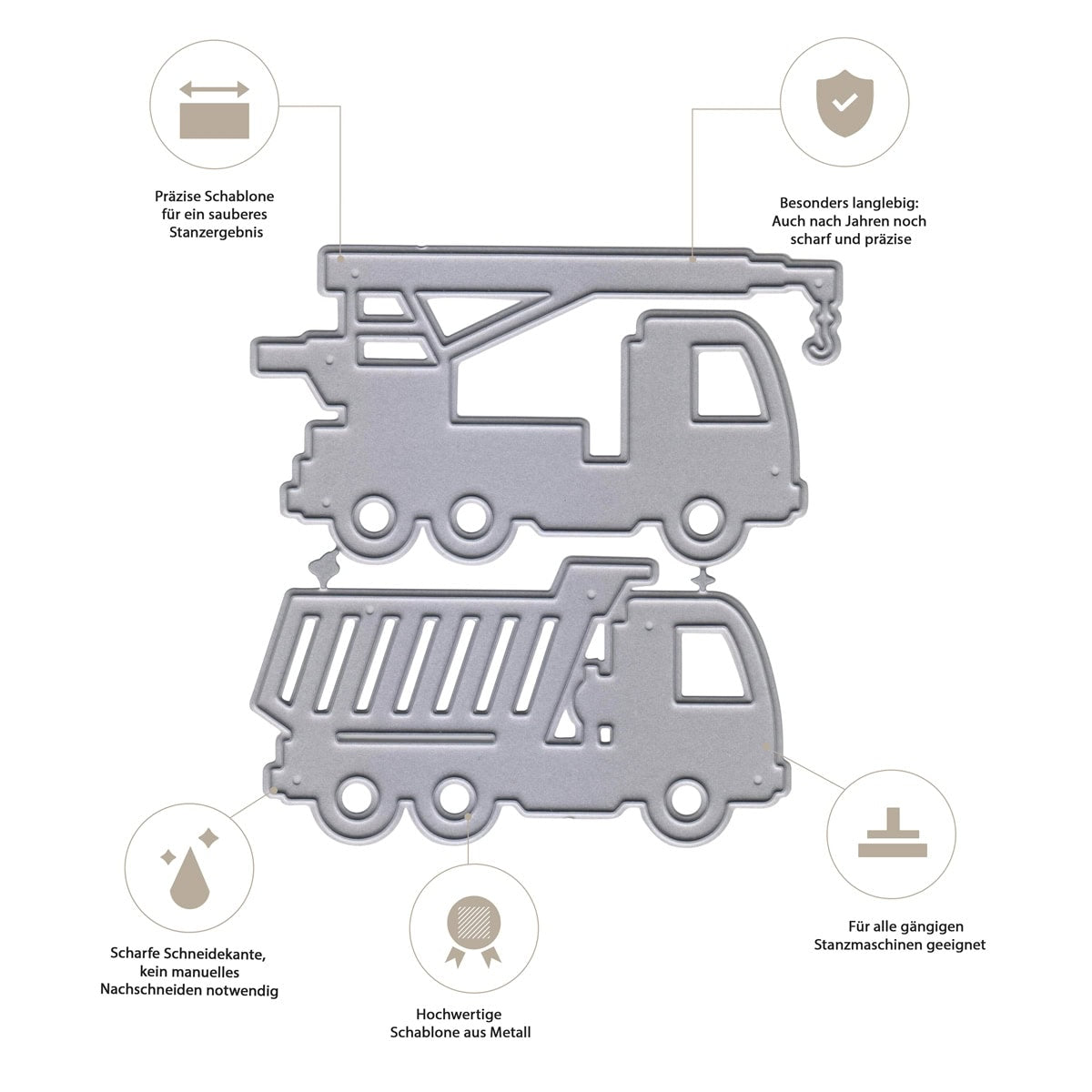 Die "Stanzschablone Laster und Kran" von Stanzenshop.de enthält zwei gestanzte Metallic-Schablonen, die sich durch scharfe Kanten und hohe Haltbarkeit auszeichnen, ideal für Scrapbooking oder Karten basteln mit gängigen Schneidemaschinen.