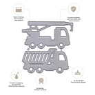 Die "Stanzschablone Laster und Kran" von Stanzenshop.de enthält zwei gestanzte Metallic-Schablonen, die sich durch scharfe Kanten und hohe Haltbarkeit auszeichnen, ideal für Scrapbooking oder Karten basteln mit gängigen Schneidemaschinen.