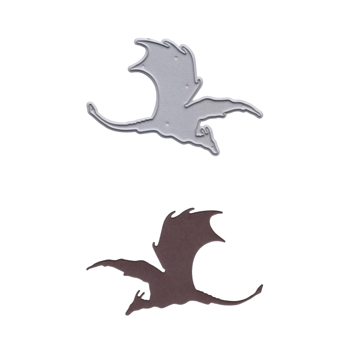 Die Stanzschablone Fliegender Drache von Stanzenshop.de: ein silberner Metallstempel in Drachenform auf einem dunkelbraunen, passenden Papierausschnitt, ideal für Deko, DIY-Karten und Fantasy-Projekte, dargestellt auf weißem Hintergrund.