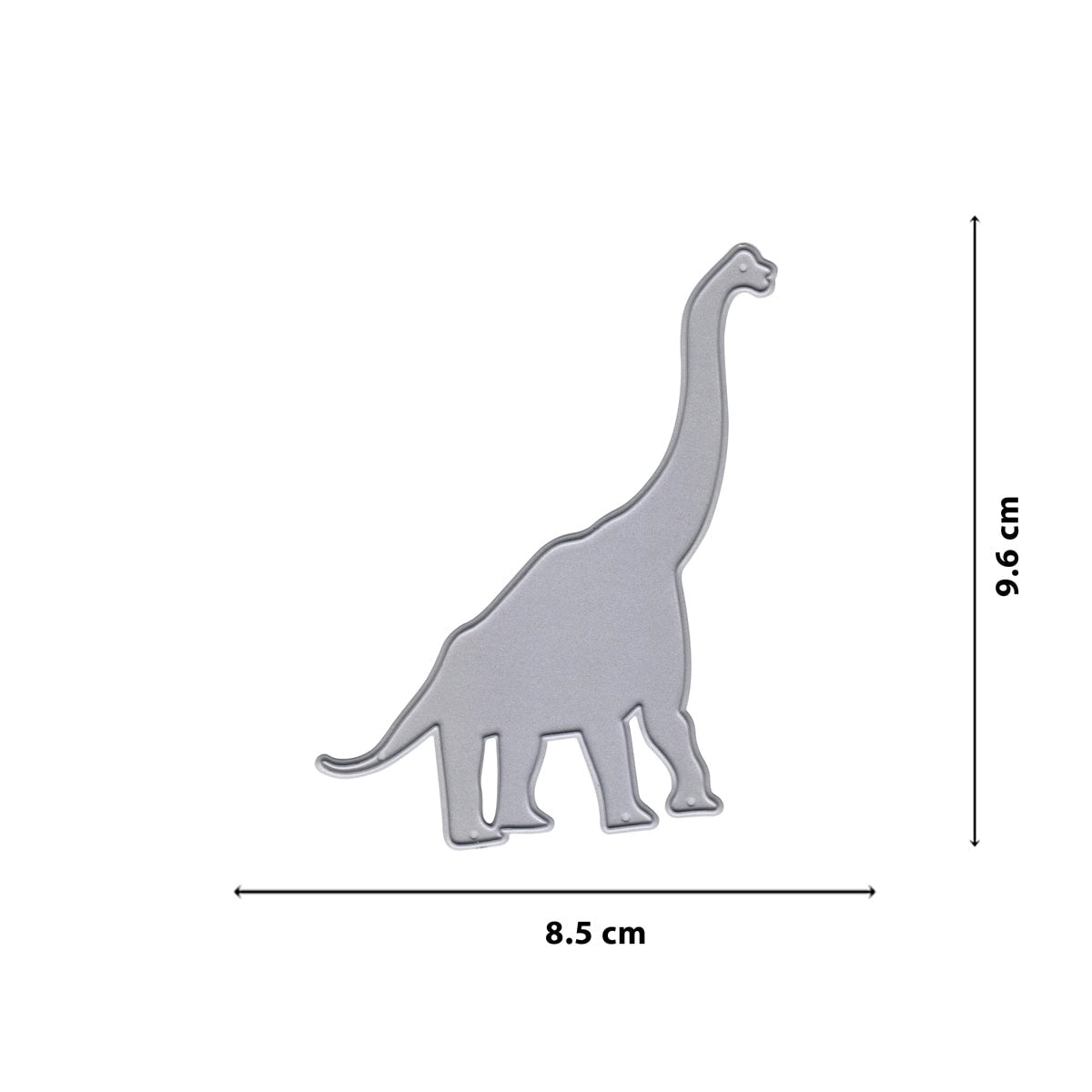Die "Stanzschablone Dino mit langem Hals" von Stanzenshop.de ist eine flache graue Dinosaurier-Stanzform (8,5 cm breit, 9,6 cm hoch) - ideal für Dino-Fans oder zum Aufhübschen von Scrapbooks und Bastelarbeiten im Kindergarten.