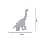 Die "Stanzschablone Dino mit langem Hals" von Stanzenshop.de ist eine flache graue Dinosaurier-Stanzform (8,5 cm breit, 9,6 cm hoch) - ideal für Dino-Fans oder zum Aufhübschen von Scrapbooks und Bastelarbeiten im Kindergarten.