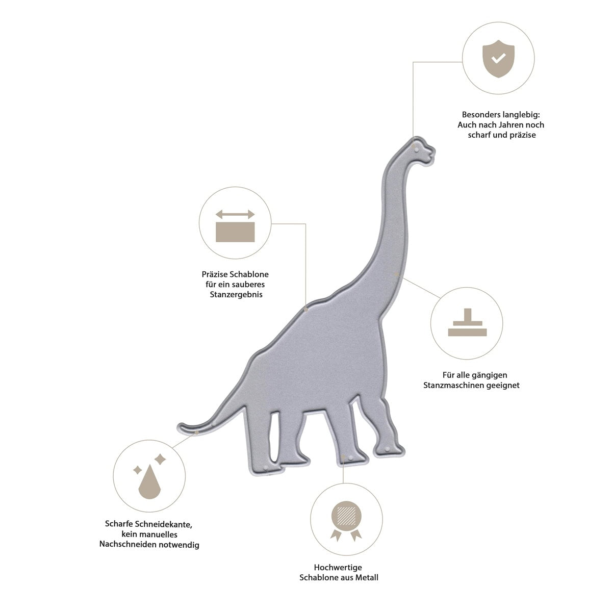 Die "Stanzschablone Dino mit langem Hals" von Stanzenshop.de ist eine langlebige Metallschablone, beschriftet in deutscher Sprache, perfekt für Kindergarten und Dino-Fans. Eigenschaften: scharfe Kante, stempelmaschinengeeignet - ideal für Scrapbooks und kreative Projekte.