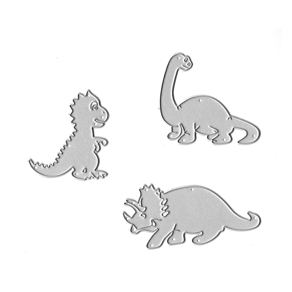 Die Stanzschablone Dino-Trio von Stanzenshop.de besteht aus silbernen Metallstanzformen von T-Rex, Brachiosaurus und Triceratops - ideal für Scrapbooking oder als Dino-Spaß für jeden Kindergeburtstag in der Dino-Bastelwelt.