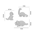 Die Stanzschablone Dino-Trio von Stanzenshop.de enthält drei Dinosaurier-Stanzteile aus Metall (4,7x5,3 cm, 6x5,4 cm, 8x3,9 cm) - ideal für Scrapbooking oder kreative Kindergeburtstagsprojekte.
