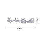 Die Stanzschablone Rentierschlitten mit Weihnachtsmann von Stanzenshop.de ist eine Metallstanze mit drei Rentieren, die einen Schlitten ziehen, ideal für Weihnachtsbasteleien. Sie misst 16,2 x 3,5 cm und wird auf einem weißen Hintergrund dargestellt.