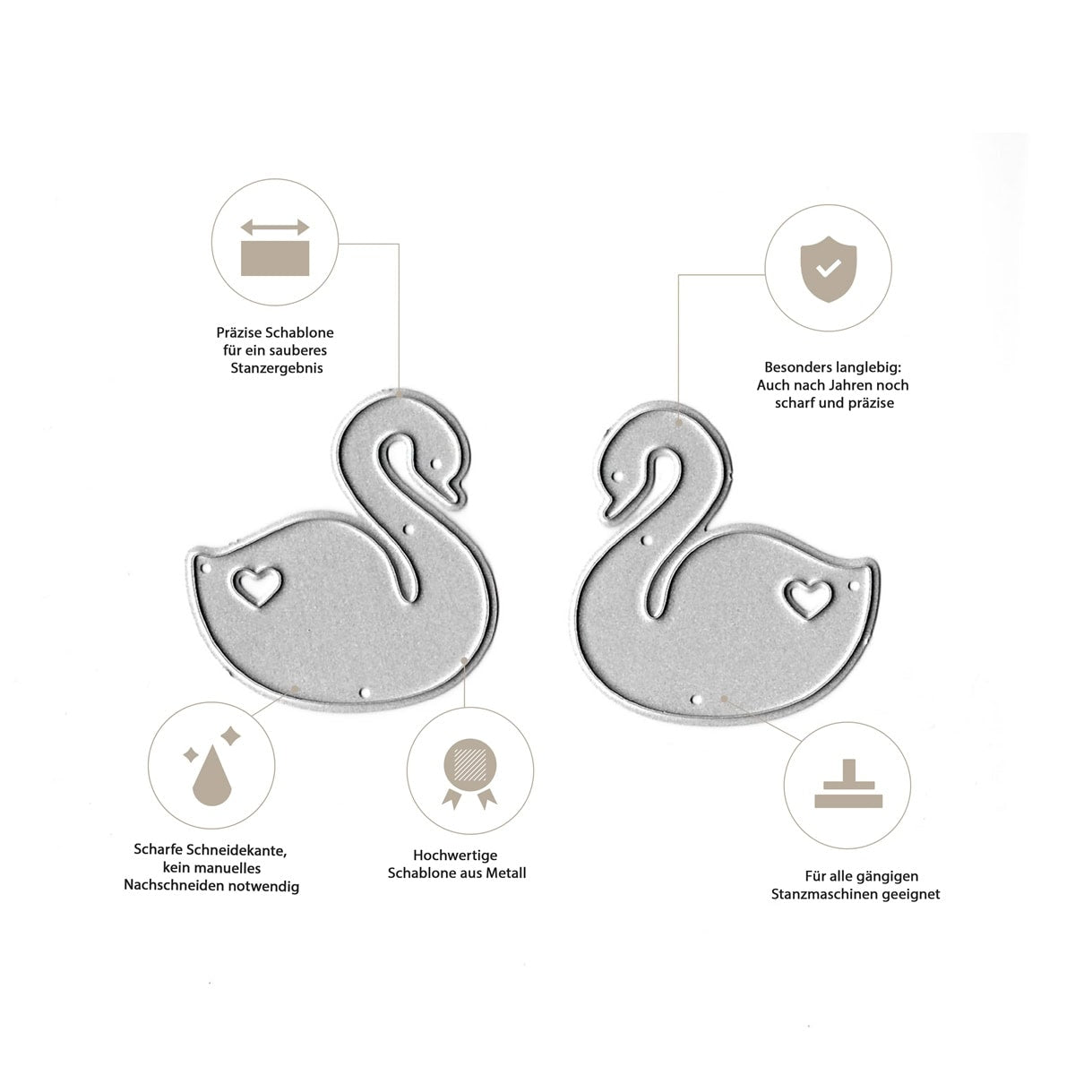 Zwei Stanzschablonen Schwäne mit Herzmotiv von Stanzenshop.de-Metallschablonen in Schwanenform mit Herzausschnitten, deutschen Texten und Symbolen, die sich durch Präzision, Haltbarkeit und scharfe Schnittkanten auszeichnen - ideal für kreative DIY-Projekte.