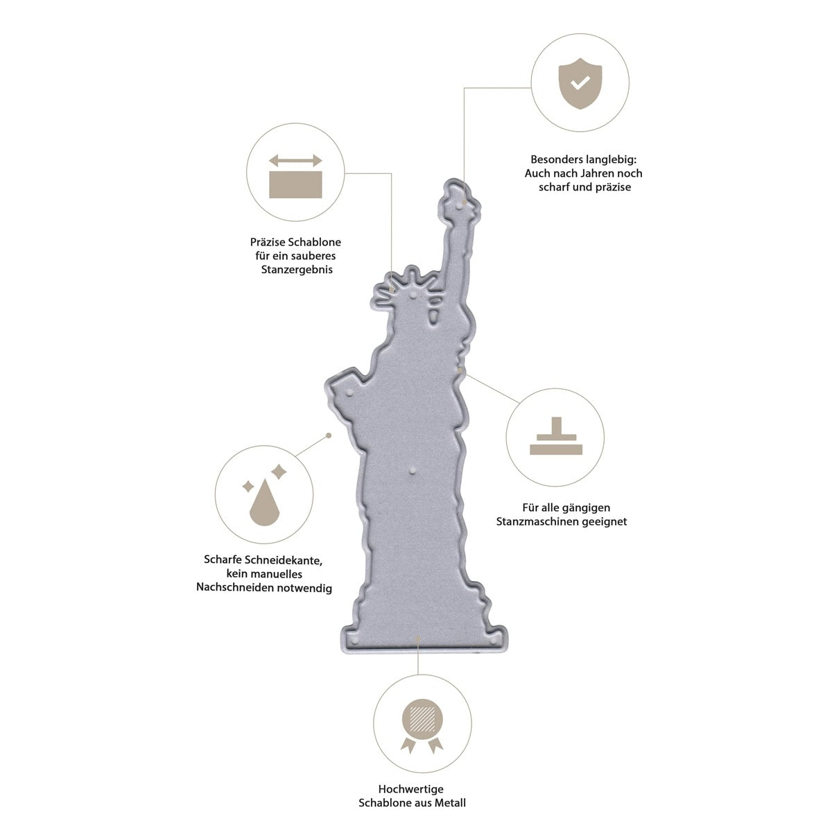 Die Stanzschablone Freiheitsstatue von Stanzenshop.de bietet präzisen, langlebigen Metallzuschnitt mit scharfen Kanten - perfekt für Bastelprojekte und Reisealben, und kompatibel mit verschiedenen Stanzmaschinen.