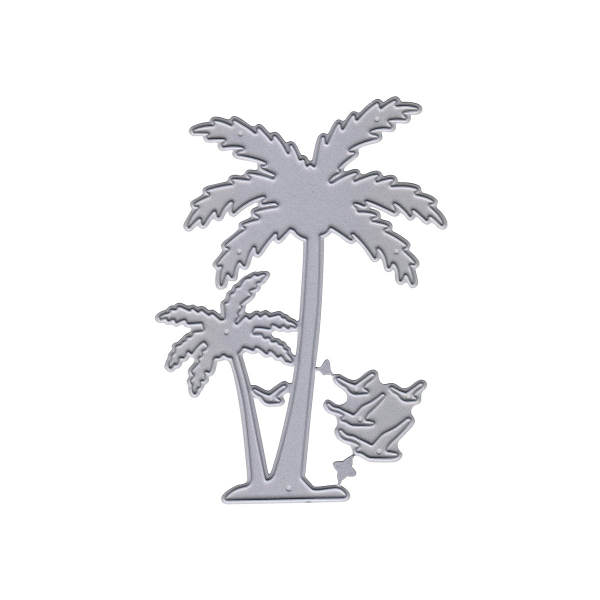 Die Stanzschablone Palmen mit fliegenden Vögeln von Stanzenshop.de zeigt zwei Palmen, eine Hängematte und einen Vogel - ideal für sommerliche Karten oder um tropisches Flair in Ihre Bastelarbeiten zu bringen. Abgebildet auf einem weißen Hintergrund.
