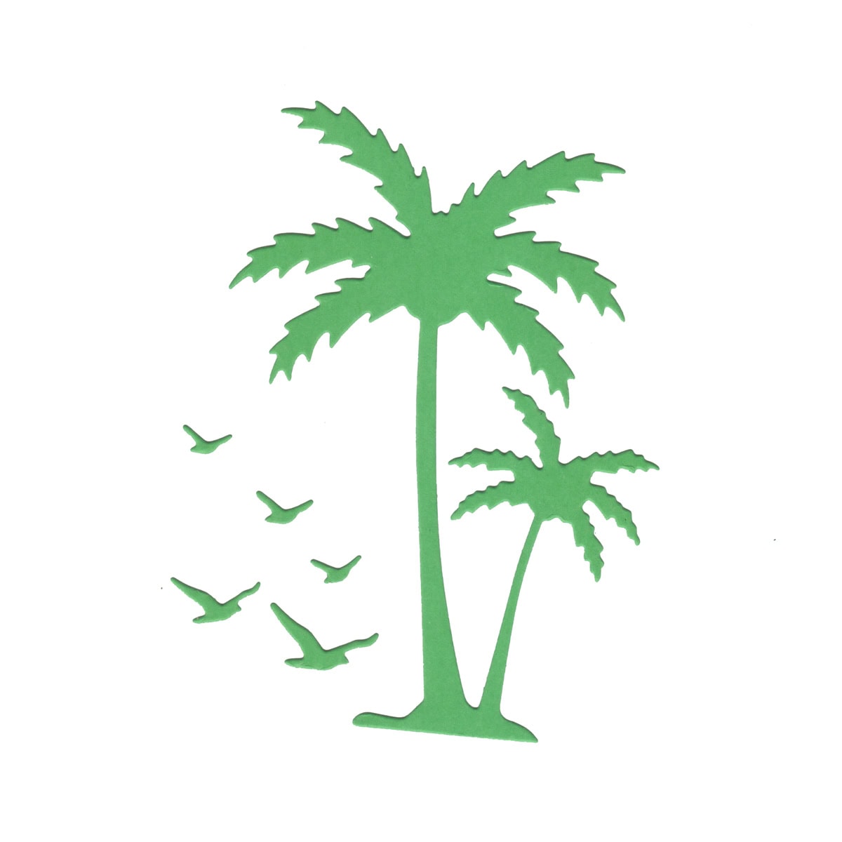 Die Stanzschablone Palmen mit fliegenden Vögeln von Stanzenshop.de bringt tropisches Flair mit zwei Palmen und fünf fliegenden Vögeln auf weißem Hintergrund - ideal für sommerliche Karten oder kreative Bastelprojekte.