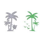 Eine silberne "Stanzschablone Palmen mit fliegenden Vögeln" von Stanzenshop.de und ein grüner Papierausschnitt, beide mit Palmen und Vögeln, sorgen für tropisches Flair, wenn sie nebeneinander auf weißem Untergrund stehen.