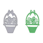 Die Stanzschablone Osterkorb mit Schleife von Stanzenshop.de stanzt einen dekorativen Osterkorb voller verzierter Eier - ideal für Bastelprojekte und persönliche Ostergrüße.