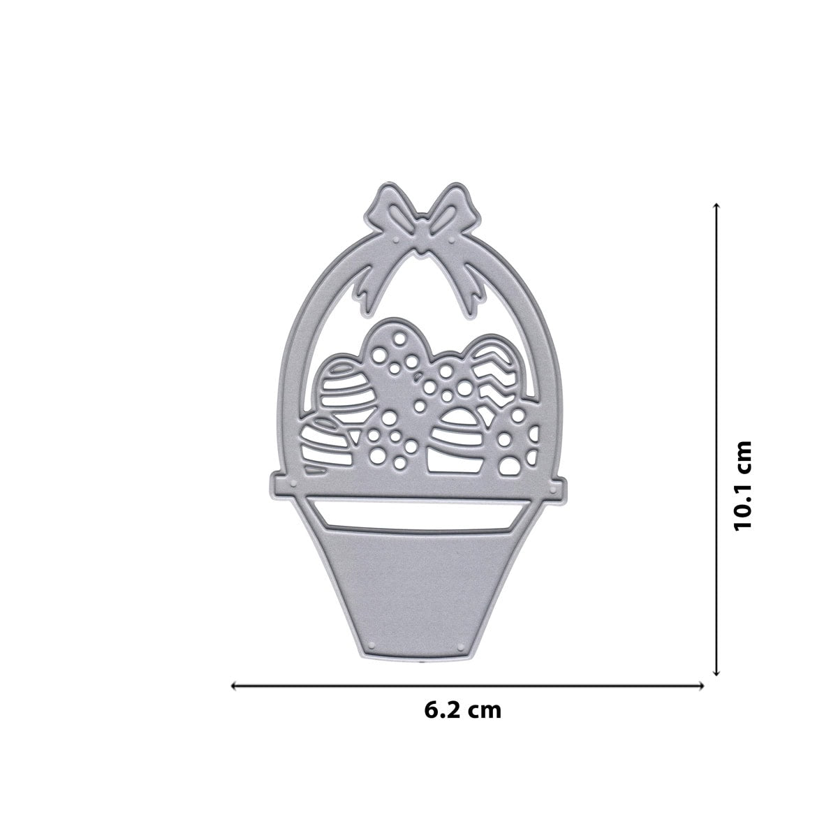 Die Stanzschablone Osterkorb mit Schleife von Stanzenshop.de misst 10,1 x 6,2 cm und eignet sich perfekt für Ostergrüße oder Bastelprojekte. Maße sind klar angegeben - ideal für einfaches und kreatives Gestalten.