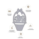 Die Stanzschablone Osterkorb mit Schleife von Stanzenshop.de ist eine silberne Stanzschablone für einen Osterkorb mit Eiern, mit Icons für Präzision, Haltbarkeit, Schärfe, Vielseitigkeit für jedes Bastelprojekt und Top-Qualität.