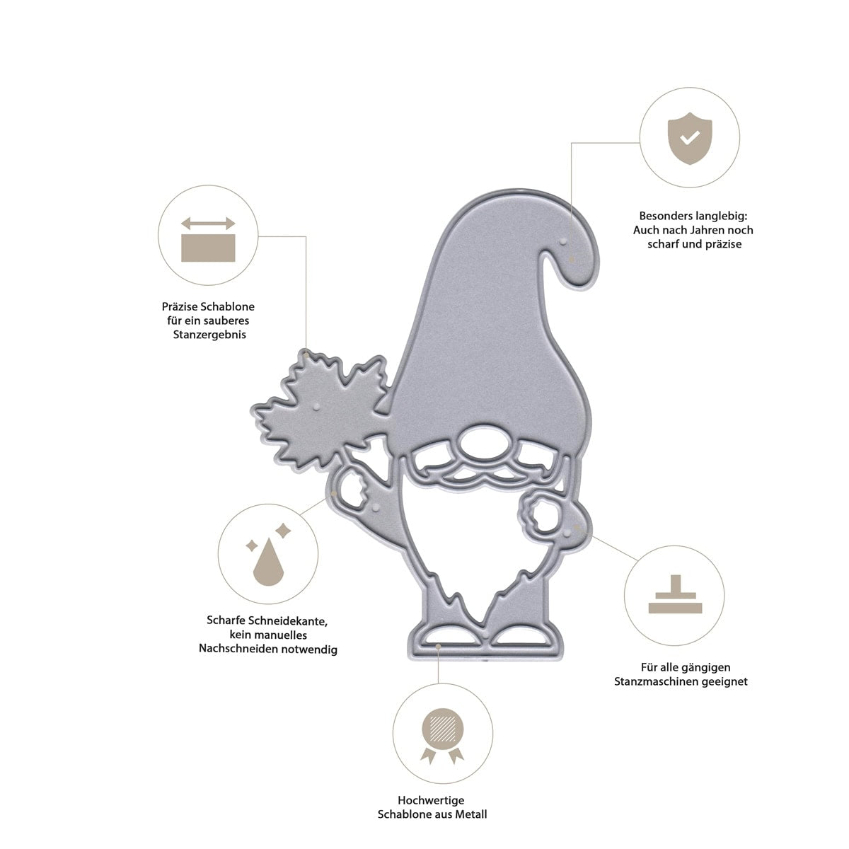 Die "Stanzschablone Weihnachtswichtel mit Mütze" von Stanzenshop.de ist eine Metallschablone für Bastelprojekte. Sie besticht durch scharfe Kanten, hohe Präzision, Langlebigkeit und Kompatibilität mit gängigen Stanzmaschinen.