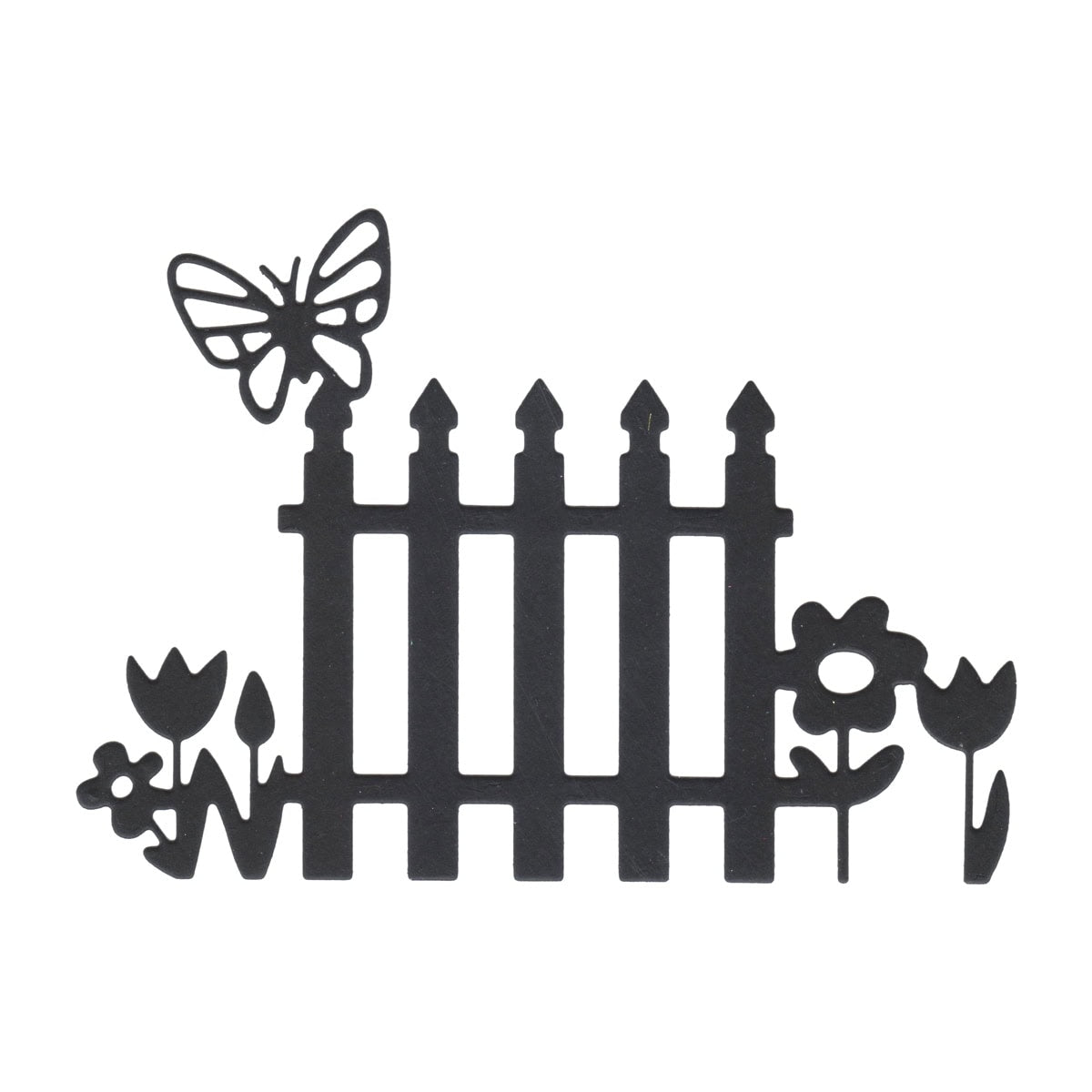 Schwarze Silhouette eines Gartenzauns mit Blumen und einem Schmetterling - ideal als "Stanzschablone Gartenzaun" von Stanzenshop.de für Frühlingsdeko oder kreative Blumen Bastelideen.