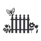 Schwarze Silhouette eines Gartenzauns mit Blumen und einem Schmetterling - ideal als "Stanzschablone Gartenzaun" von Stanzenshop.de für Frühlingsdeko oder kreative Blumen Bastelideen.