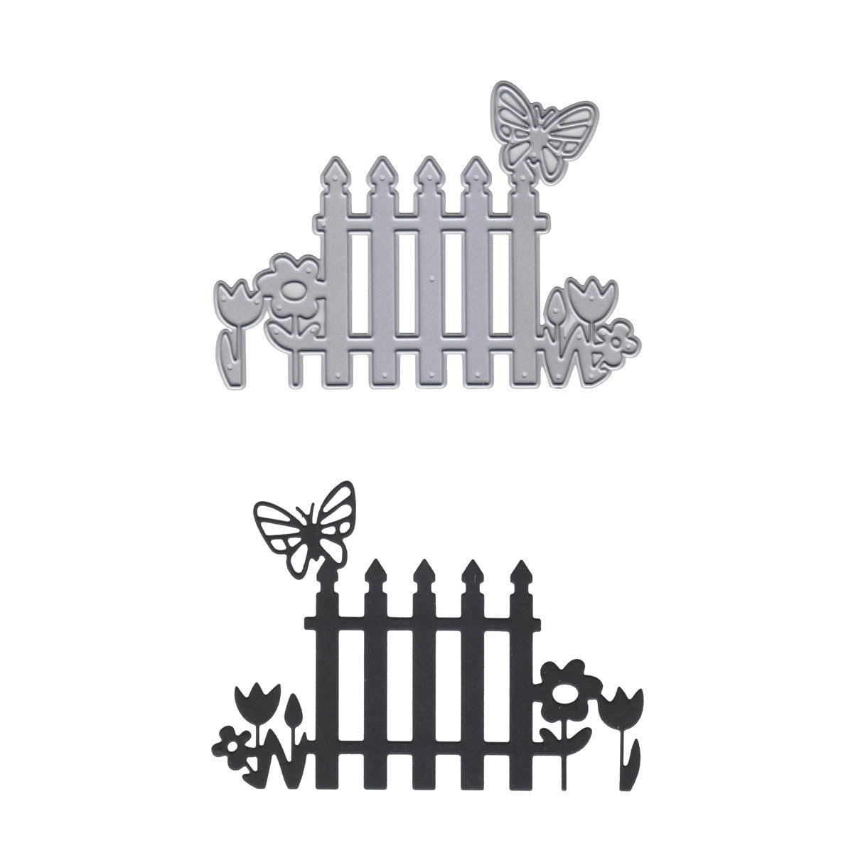 Zwei metallene Stanzschablone Gartenzaun von Stanzenshop.de - eine silberne, eine schwarze - mit Lattenzaun, Blumen und Schmetterling auf weißem Hintergrund. Perfekt für Frühlingsdeko oder kreative Blumen Bastelideen.