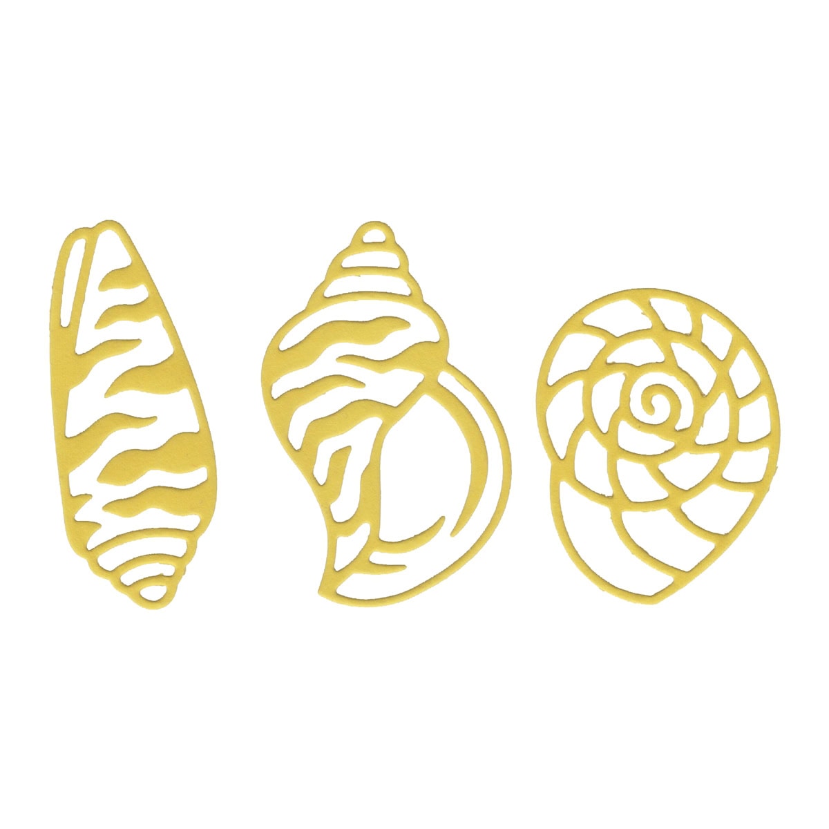 Drei goldfarbene Umrisse von Muscheln, aufgereiht auf Weiß - die perfekte Inspiration für maritime DIY-Projekte mit der Stanzschablone Meeresmuscheln von Stanzenshop.de.