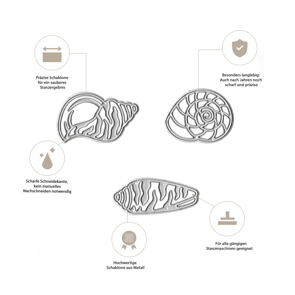 Die Stanzschablone Meeresmuscheln von Stanzenshop.de bietet drei präzise, scharfe und langlebige Metallschneidedies-perfekt für maritime DIY-Projekte und Deko-Ideen, kompatibel mit gängigen Stanzmaschinen.