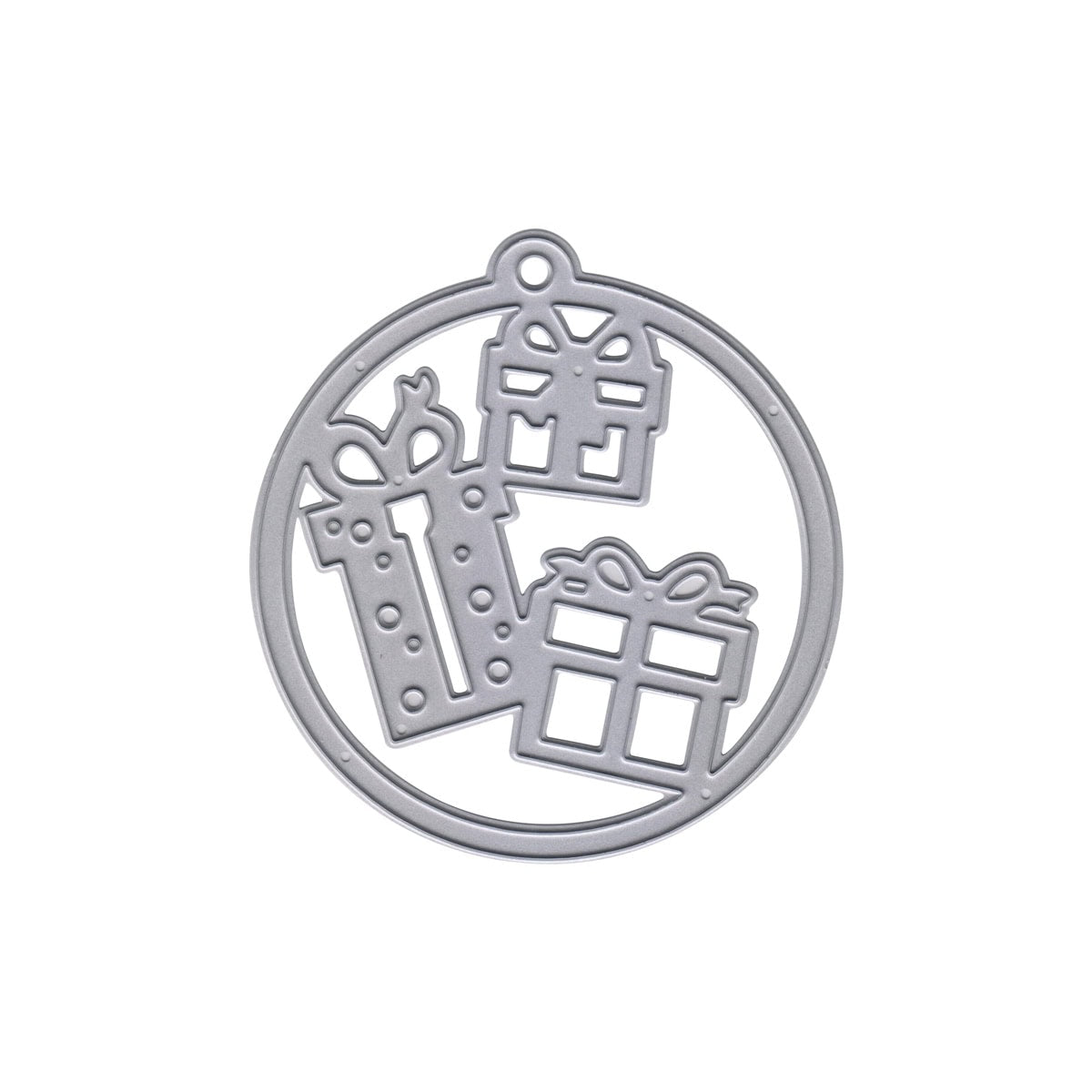 Die Stanzschablone Geschenke im Kreisrahmen von Stanzenshop.de ist ein Metallstempel in Form eines Kreises mit drei Geschenkboxen - ideal für weihnachtliche Bastelideen oder kreative Projekte mit Ihrer Lieblings-Geschenke-Stanze.