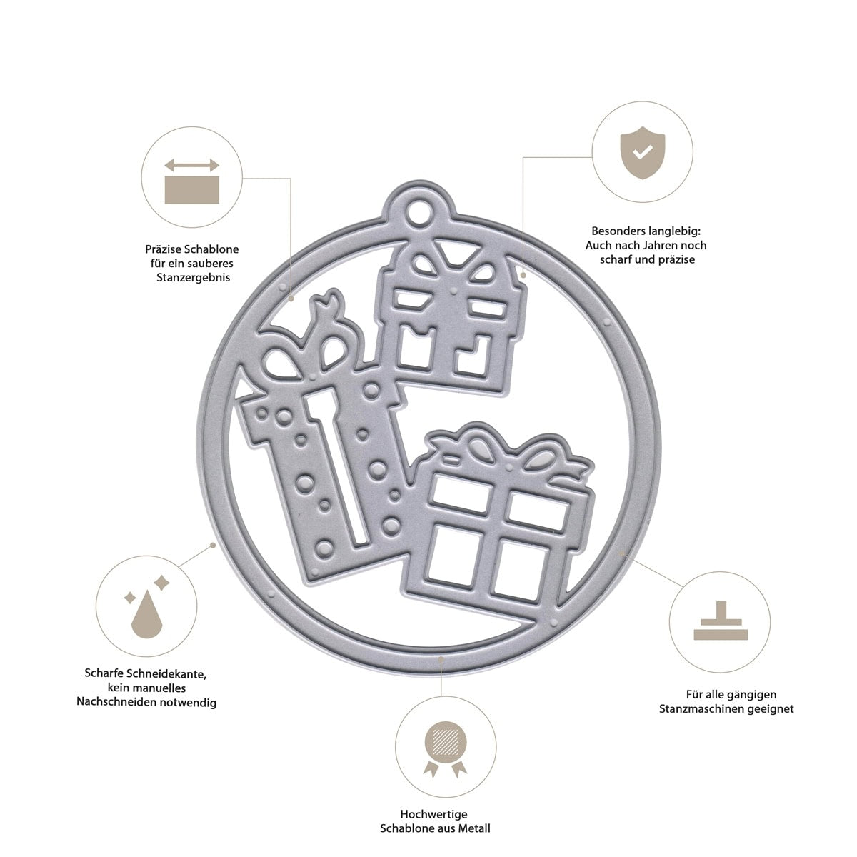 Die Stanzschablone Geschenke im Kreisrahmen von Stanzenshop.de ist eine runde Metallstanze mit drei Geschenkschachteln, mit deutschem Text und Symbolen für Schärfe, Haltbarkeit und Stanzmaschinen-Kompatibilität - ideal für Weihnachts-Bastelideen.