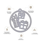 Die Stanzschablone Geschenke im Kreisrahmen von Stanzenshop.de ist eine runde Metallstanze mit drei Geschenkschachteln, mit deutschem Text und Symbolen für Schärfe, Haltbarkeit und Stanzmaschinen-Kompatibilität - ideal für Weihnachts-Bastelideen.