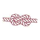 Illustration des "Stanzschablone Seil mit Knoten" von Stanzenshop.de: ein rotes Seil mit eckigem Knoten auf weißem Hintergrund - ideal für maritime Projekte oder kreative Reisetagebücher.