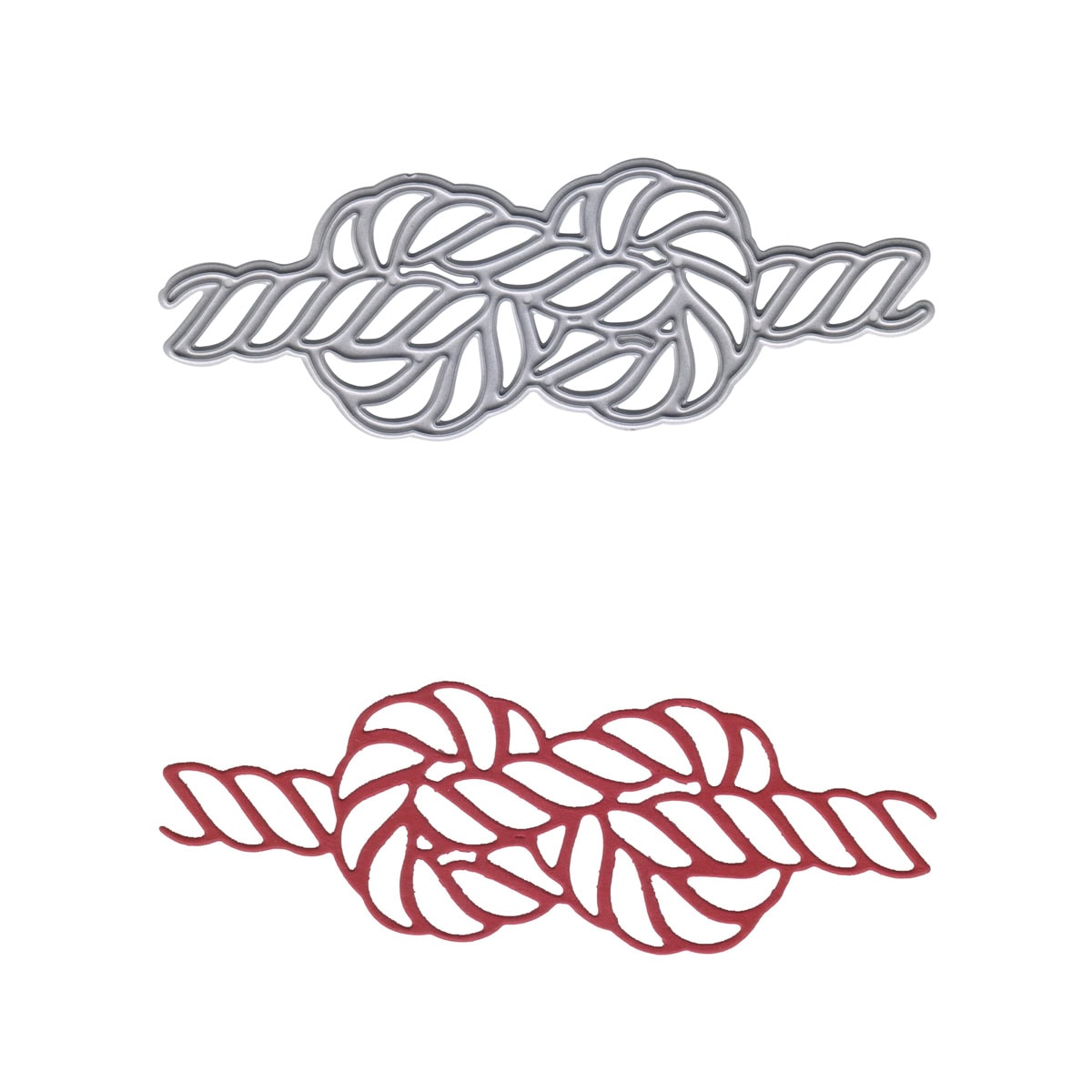 Zwei stilisierte Knotenbilder aus der Stanzschablone Seil mit Knoten von Stanzenshop.de - ein graues und ein rotes - sind auf Weiß abgebildet, ideal für maritime Projekte oder Reisetagebücher.