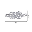 Eine metallische Stanzschablone Seil mit Knoten von Stanzenshop.de, geformt wie ein Knoten, misst 10 cm in der Breite und 3,5 cm in der Höhe, mit Maßangaben an den Seiten.