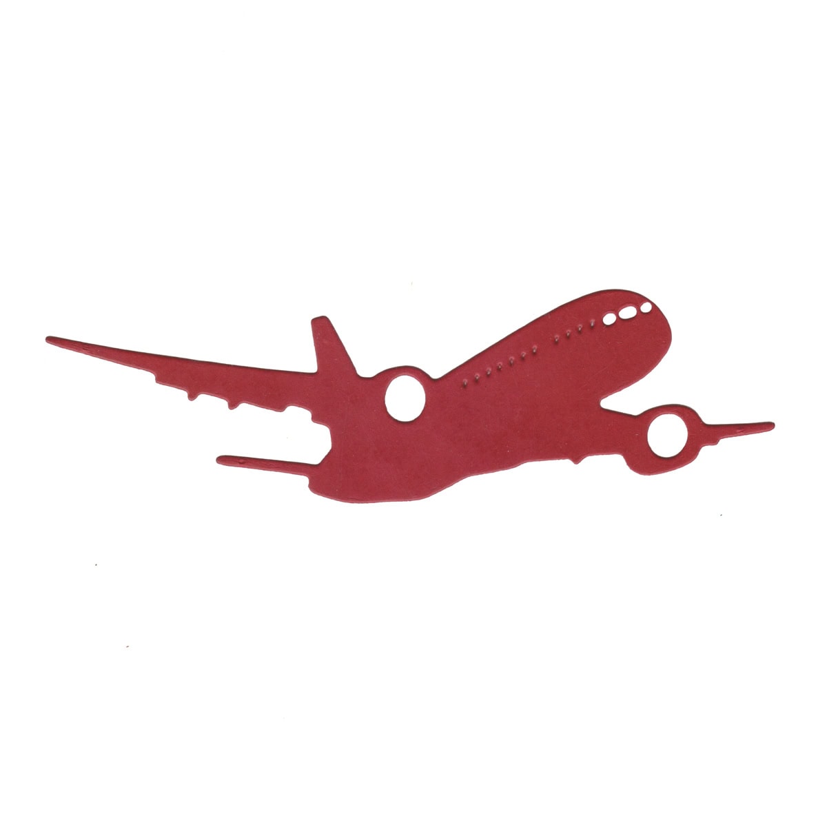 Die Stanzschablone Flugzeug von Stanzenshop.de ist eine flache, rote flugzeugförmige Stanze mit zwei kreisförmigen Ausschnitten - ideal für kreative Reisethema oder Urlaub Scrapbooking Projekte. Fotografiert auf einem weißen Hintergrund.