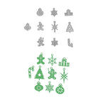 Die Stanzschablone Weihnachtsanhänger Mix von Stanzenshop.de enthält Metallstanzen und grüne Ausstanzungen von Ornamenten, Lebkuchenfiguren, Schneeflocken, Baum, Stern, Zuckerstange & Geschenk für kreative Weihnachtsprojekte.