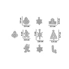 Der Stanzenshop.de Stanzschablone Weihnachtsanhänger Mix zeigt zehn silberne Metallanhänger verschiedener Formen und Größen mit cm-Angaben - perfekt als winterliche, kreative Weihnachtsmotive für DIY-Projekte.