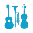 Die Stanzschablone Musikinstrumente von Stanzenshop.de zeigt blaue Silhouetten von Gitarre, Trompete und Violine auf weißem Hintergrund - ideal für Musik-Bastelprojekte.