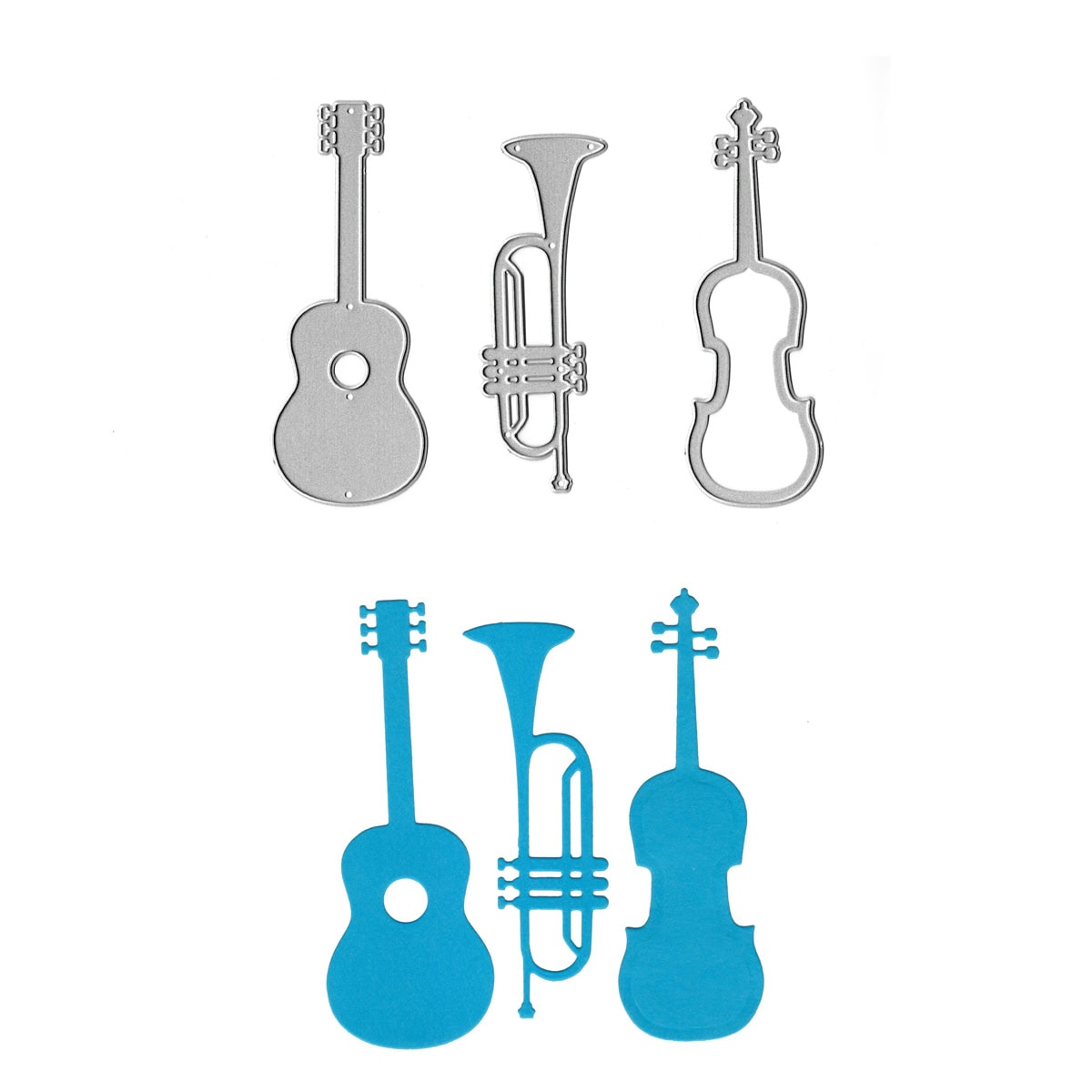 Die Stanzschablone Musikinstrumente von Stanzenshop.de mit den Stanzformen Gitarre, Trompete und Geige - hier über den passenden blauen Papierausschnitten - ist ideal für Bastelprojekte zum Thema Musik.