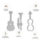 Die Stanzschablone Musikinstrumente von Stanzenshop.de bietet drei Silberstempel - Gitarre, Trompete und Geige - ideal für Musikprojekte. Der deutsche Text weist auf ihre Präzision, Haltbarkeit und Kompatibilität mit verschiedenen Bastelmaschinen hin.