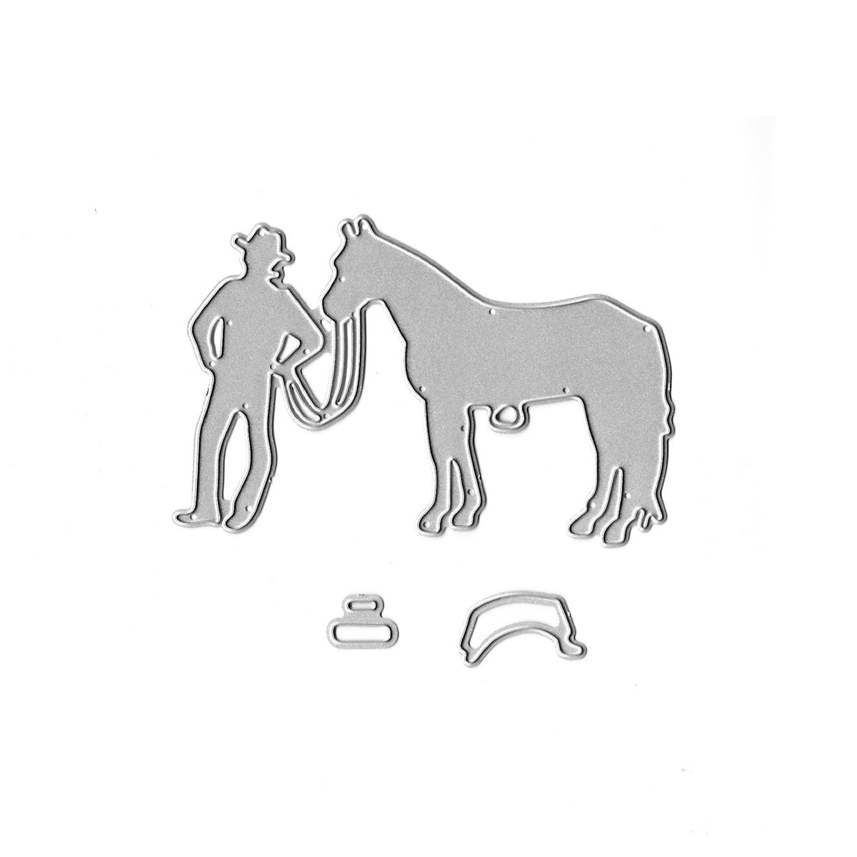 Die Stanzschablone "Cowboy mit Pferd" von Stanzenshop.de zeigt einen Cowboy mit Hut und Pferd samt zwei kleinen Extra-Teilen - ideal für Bastelprojekte im Wildwest-Stil.