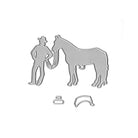 Die Stanzschablone "Cowboy mit Pferd" von Stanzenshop.de zeigt einen Cowboy mit Hut und Pferd samt zwei kleinen Extra-Teilen - ideal für Bastelprojekte im Wildwest-Stil.