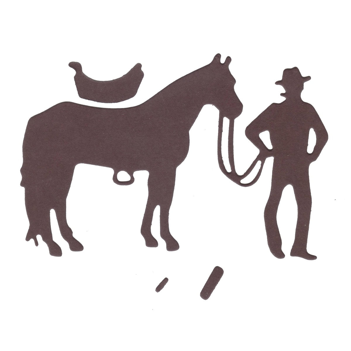 Die Stanzschablone "Cowboy mit Pferd" von Stanzenshop.de ist ideal für Bastelprojekte, die echtes Wildwest-Flair einfangen - ein Cowboy mit Hut und Pferd, ergänzt durch Sattel und kleine Details.