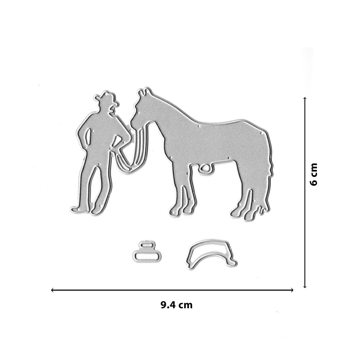 Die Stanzschablone "Cowboy mit Pferd" von Stanzenshop.de zeigt einen Cowboy, der ein Pferd an den Zügeln hält, plus kleine Accessoires; Maße: 9,4 x 6 cm - ideal für Bastelprojekte.