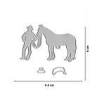 Die Stanzschablone "Cowboy mit Pferd" von Stanzenshop.de zeigt einen Cowboy, der ein Pferd an den Zügeln hält, plus kleine Accessoires; Maße: 9,4 x 6 cm - ideal für Bastelprojekte.