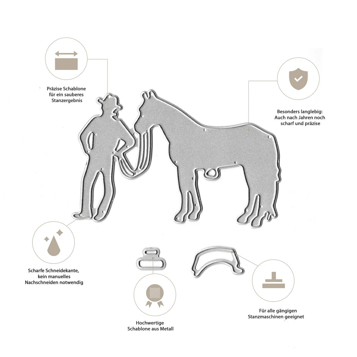 Der Stanzenshop.de Stanzschablone Cowboy mit Pferd zeigt eine Person mit Pferd am Zügel, bringt Wildwest-Flair in Ihre Bastelprojekte und überzeugt durch scharfe Kanten, Langlebigkeit und Kompatibilität mit Stanzmaschinen.