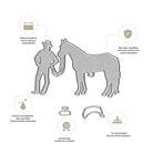 Der Stanzenshop.de Stanzschablone Cowboy mit Pferd zeigt eine Person mit Pferd am Zügel, bringt Wildwest-Flair in Ihre Bastelprojekte und überzeugt durch scharfe Kanten, Langlebigkeit und Kompatibilität mit Stanzmaschinen.