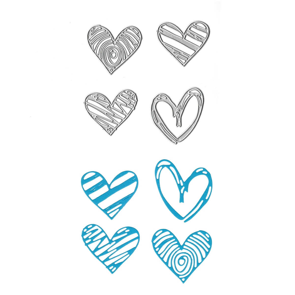 Acht Herzen in zwei Reihen: Oben Metallic-Motive mit trendigen Mustern, unten blaue Herzen mit passenden Linien - ideal für die kreative Kartengestaltung. Hergestellt mit der "Stanzschablone Herzen mit Struktur" von Stanzenshop.de.