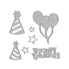 Das Stanzschablone Partyset von Stanzenshop.de enthält silberne Stanzteile - Partyhüte, Sterne, Luftballons und ein umgedrehtes "Happy Birthday" - perfekt für Bastelideen oder zum Basteln einer eigenen Geburtstagskarte.