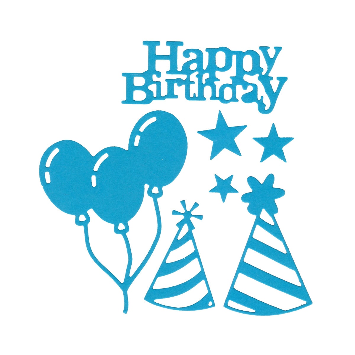Blauer "Happy Birthday"-Text mit Luftballons, Sternen und gestreiften Partyhüten auf Weiß - perfekt für Bastelideen oder eine einzigartige Geburtstagskarte mit dem Stanzschablone Partyset von Stanzenshop.de.