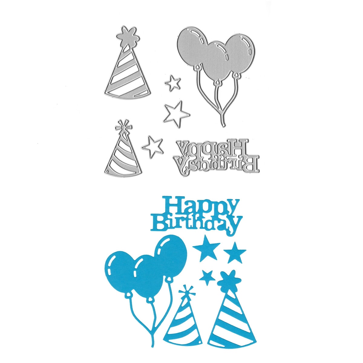 Die Stanzschablone Partyset von Stanzenshop.de zeigt ausgestanzte Formen wie "Happy Birthday", Luftballons, Partyhüte und Sterne auf weißem Hintergrund - ideal für Bastelideen wie Geburtstagskarten.