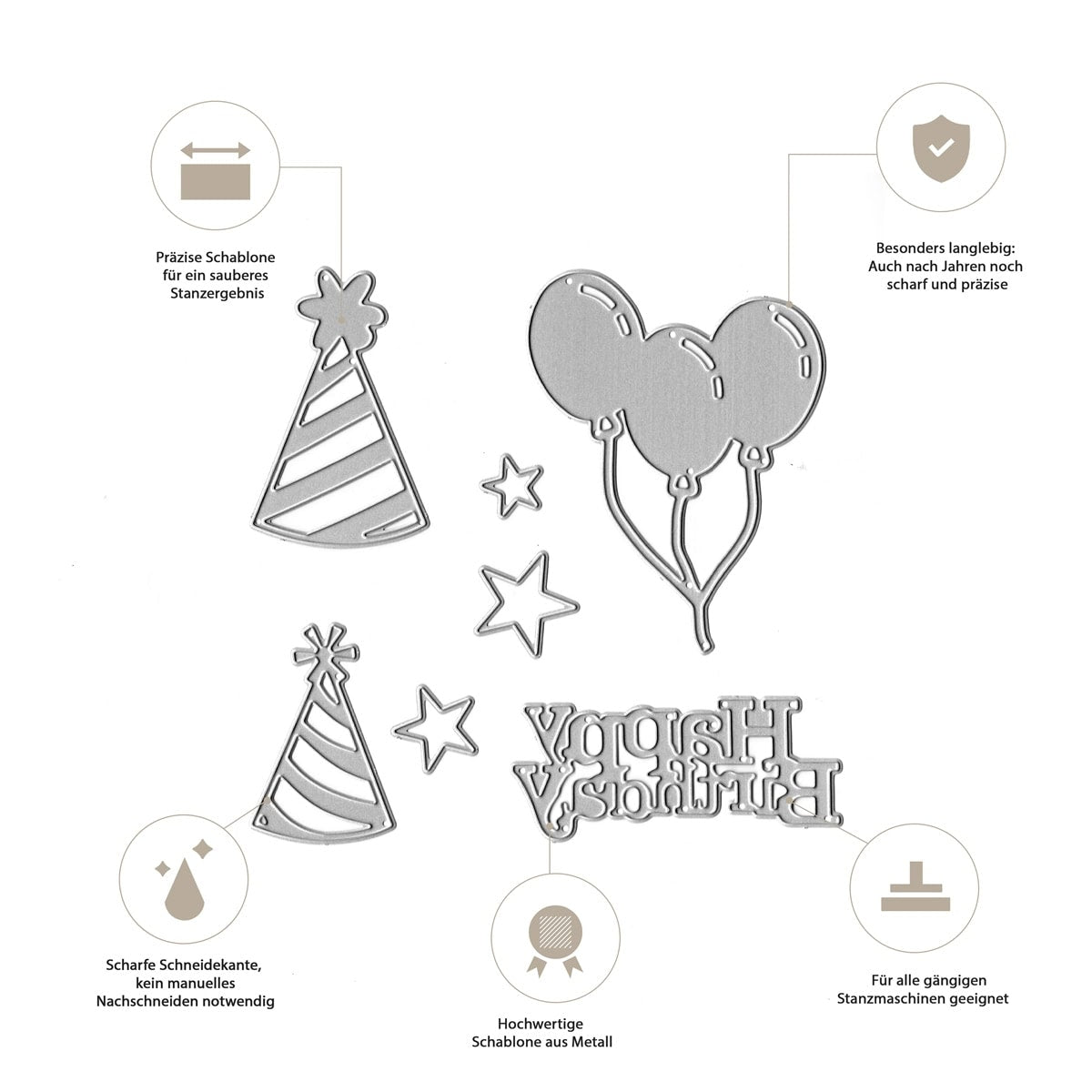 Das Stanzschablone Partyset von Stanzenshop.de besteht aus silbernen, gestanzten Metallformen - Partyhut, Luftballons, Sterne und ein umgekehrtes "Happy Birthday" - ideal für Bastelideen oder eine Geburtstagskarte, mit deutschen Etiketten, die dieses vielseitige Party-Stanzset hervorheben.