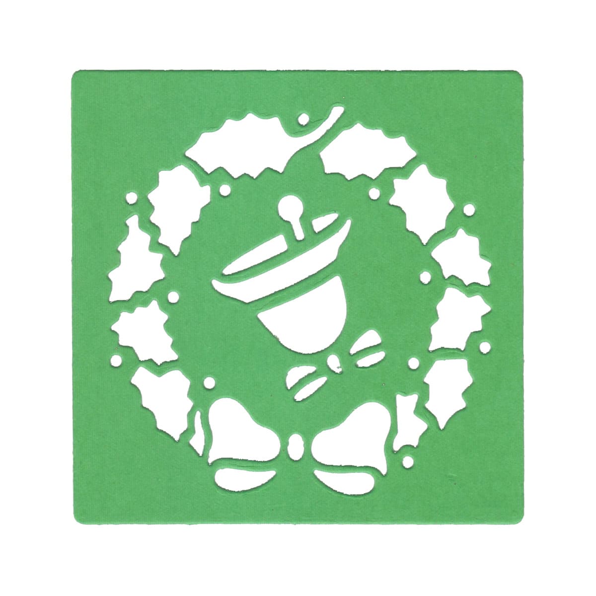 Die Stanzschablone Weihnachtskranz mit Glocke von Stanzenshop.de besteht aus einem festlichen Kranz mit Stechpalme, einer zentralen Glocke und zwei kleineren Glocken - ideal für kreative Weihnachtsdekorationen zum Selbermachen.